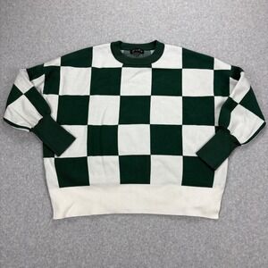 EFAN Checkerboard Knit‎ Sweater Womens M Green White Oversized Retro Pullover